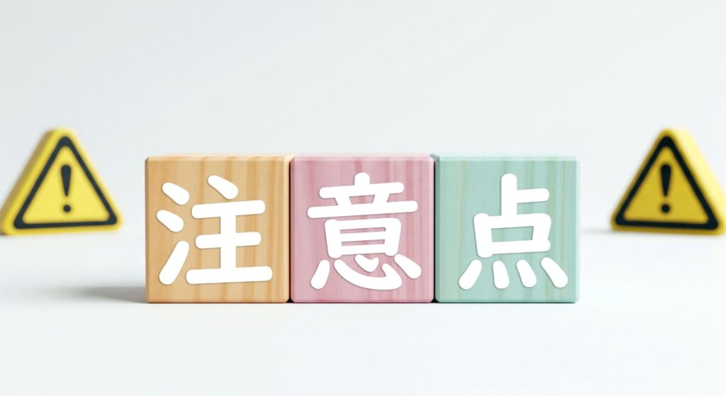 注意点と書かれたブロック、びっくりマークが書かれたブロック