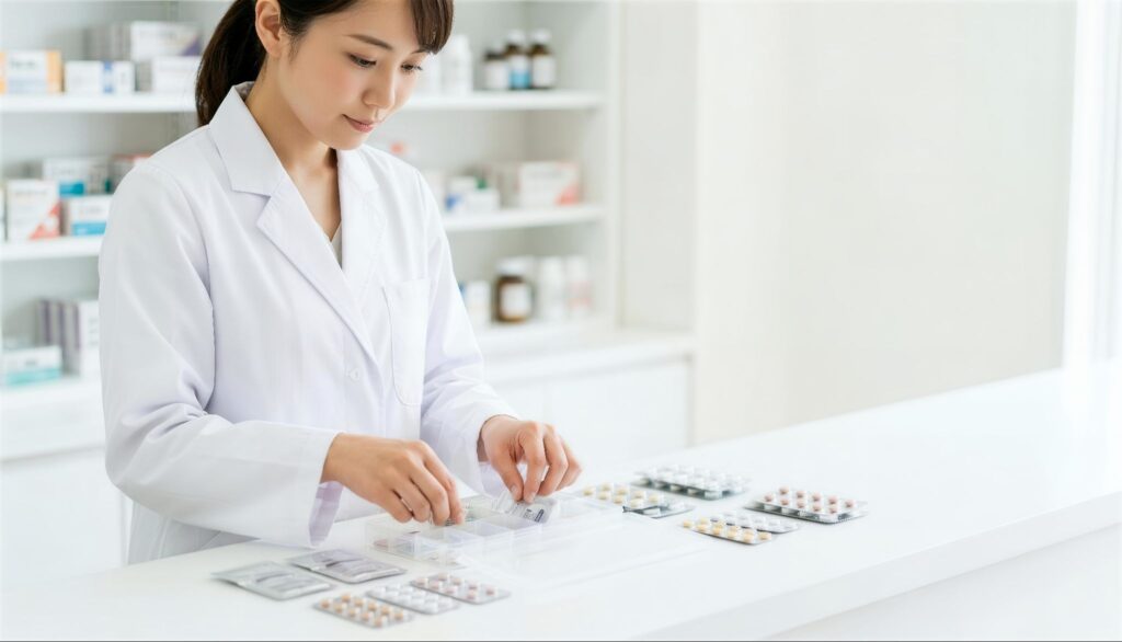 ピルを並べている薬剤師の女性