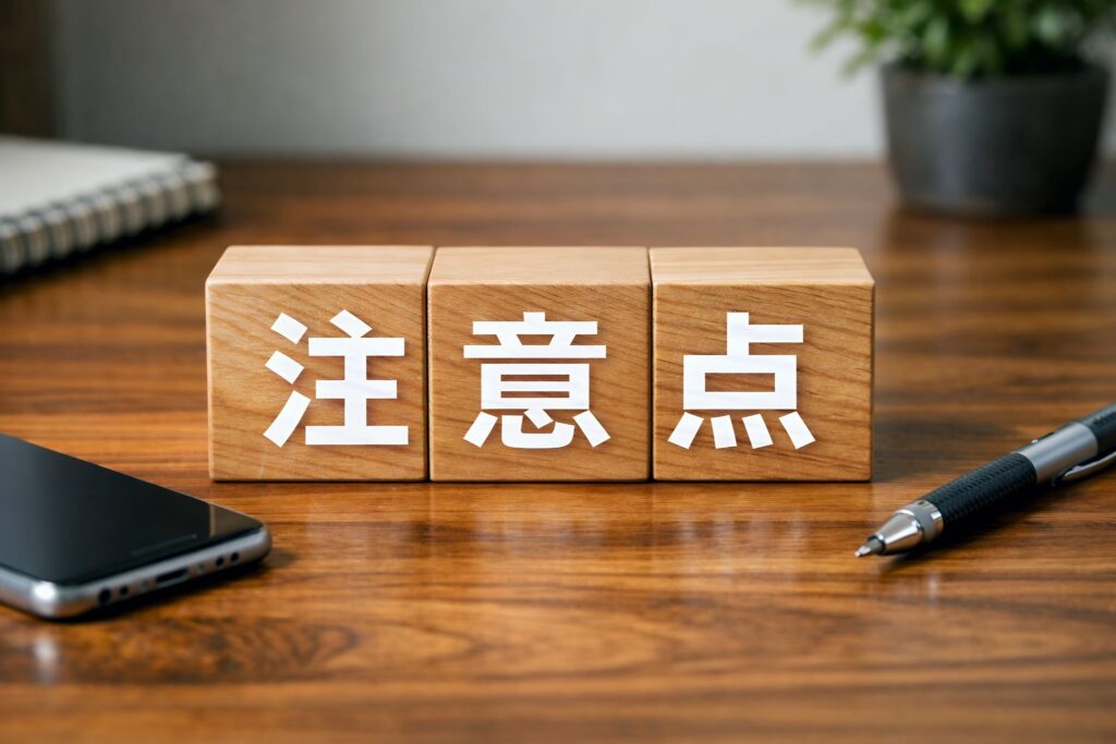 注意点と書かれたブロックとスマホ、ペン