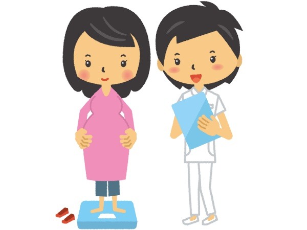 体重計に乗る妊婦と医療従事者のイラスト