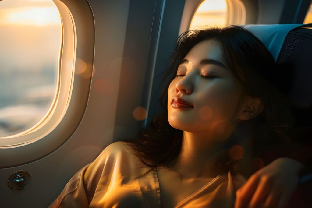 飛行機の座席でリラックスしている妊婦
